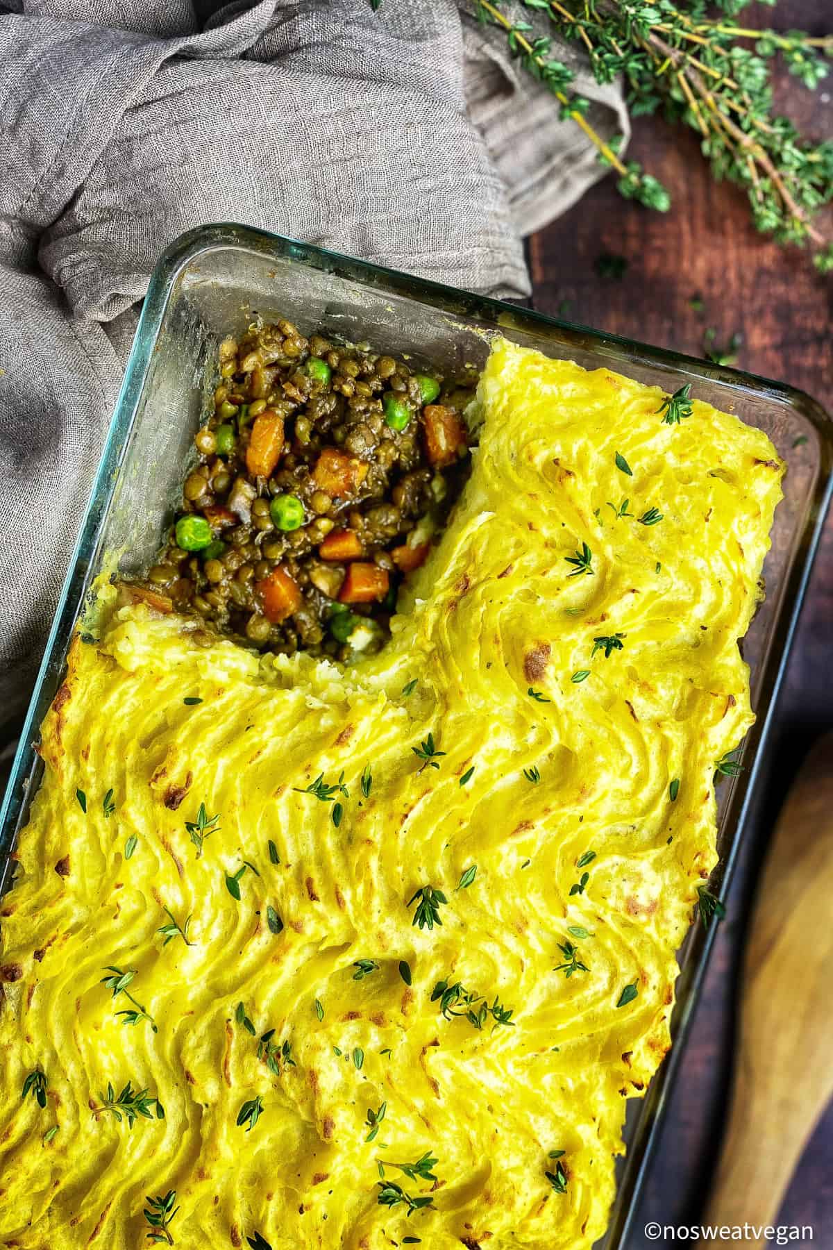 Lentil shepherd's pie in a baking dish.