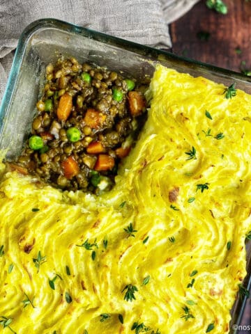 Lentil Shepherds Pie in baking dish.