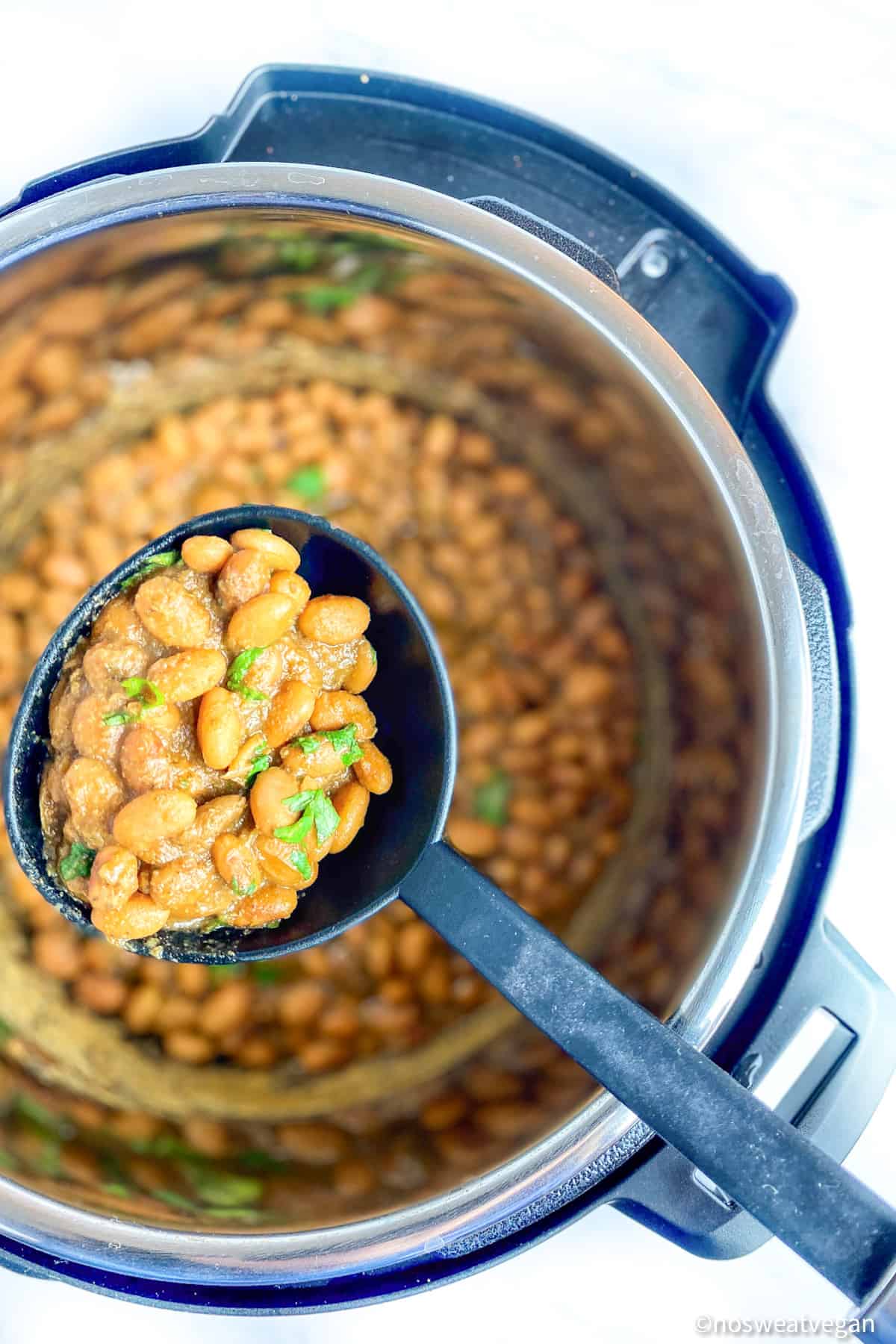 Ladle lifting pinto beans out of the instant pot.