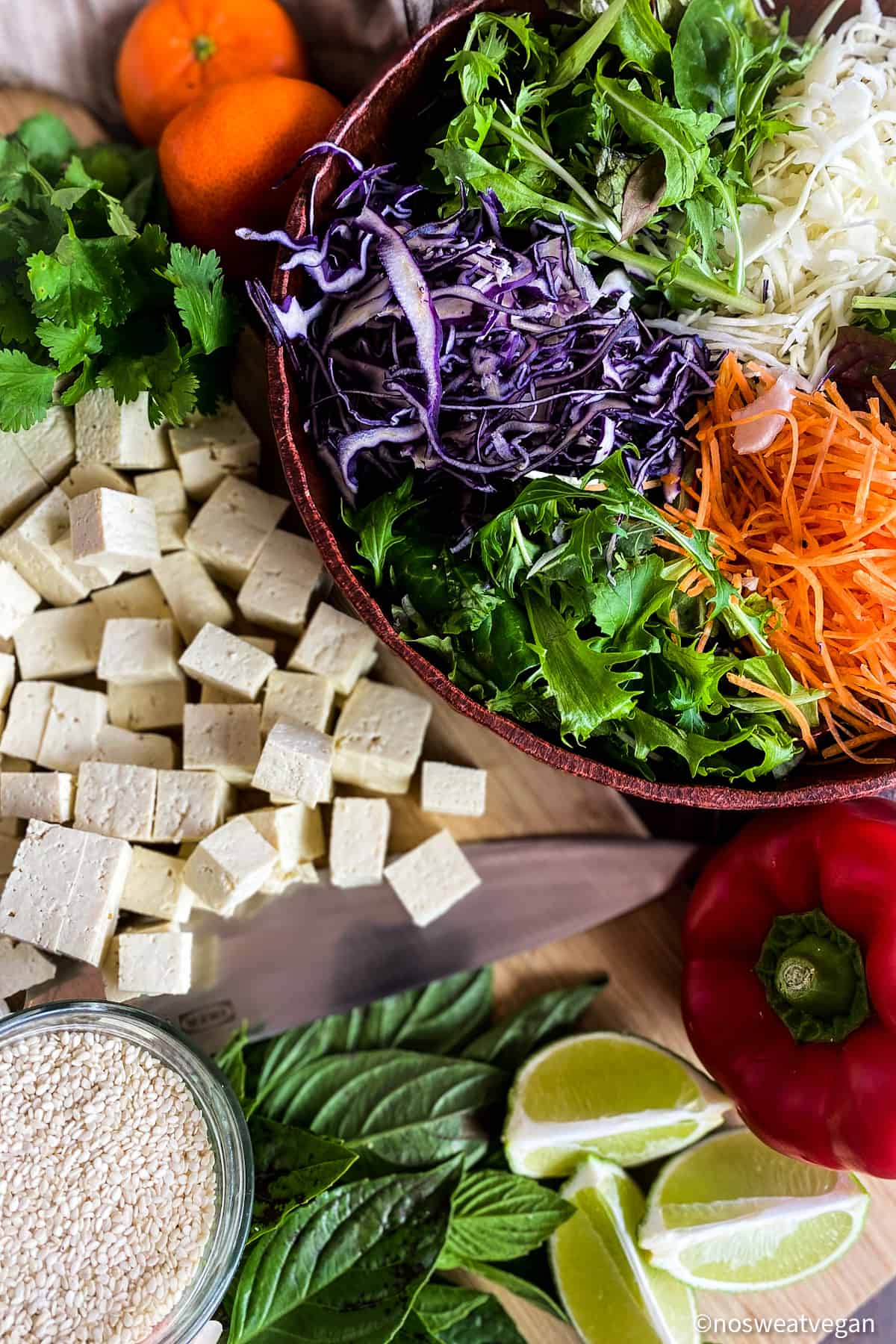 Ingredients for the Thai salad, including tofu, mandarins, cabbage, carrots, mixed greens, cilantro, red pepper, sesame seeds, and Thai basil.