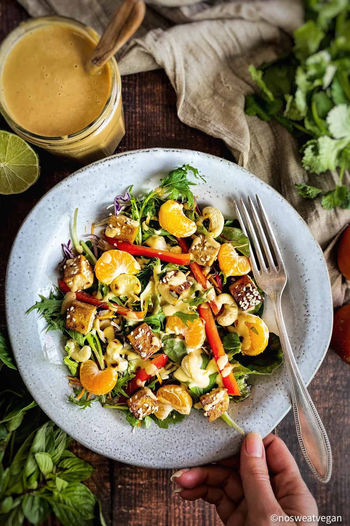 Single serving bowl with Thai Salad drizzled with Asian dressing.