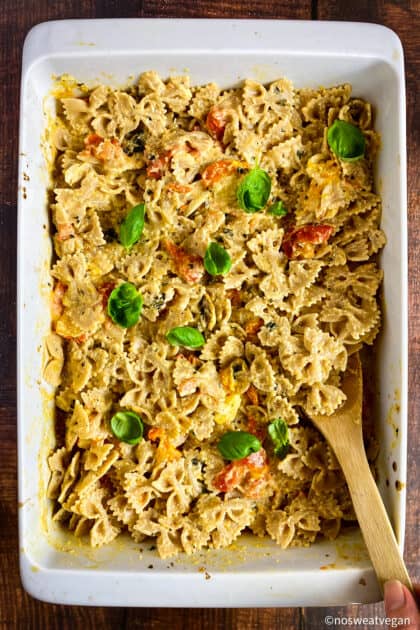 Vegan baked feta pasta in a baking dish.