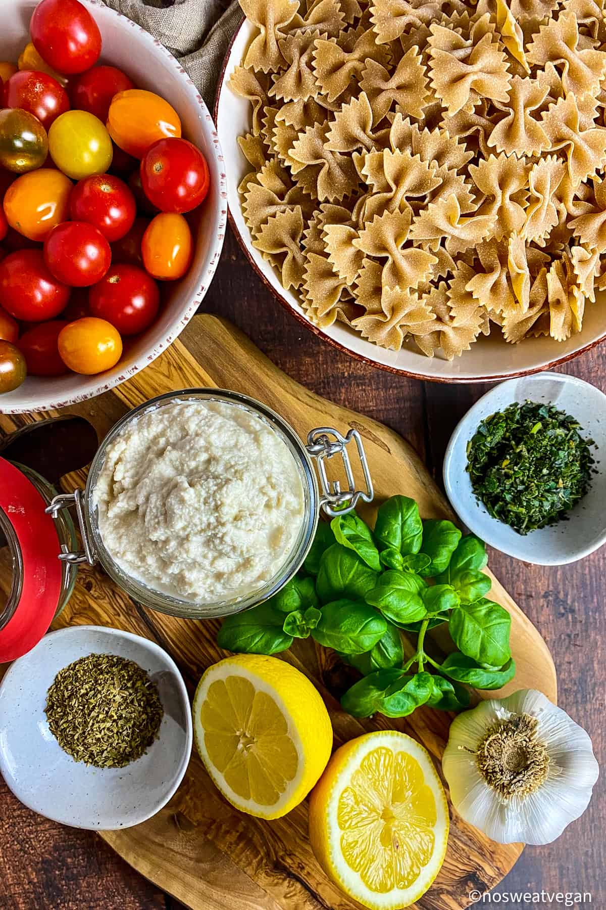 Ingredients to make the vegan baked "feta" pasta.