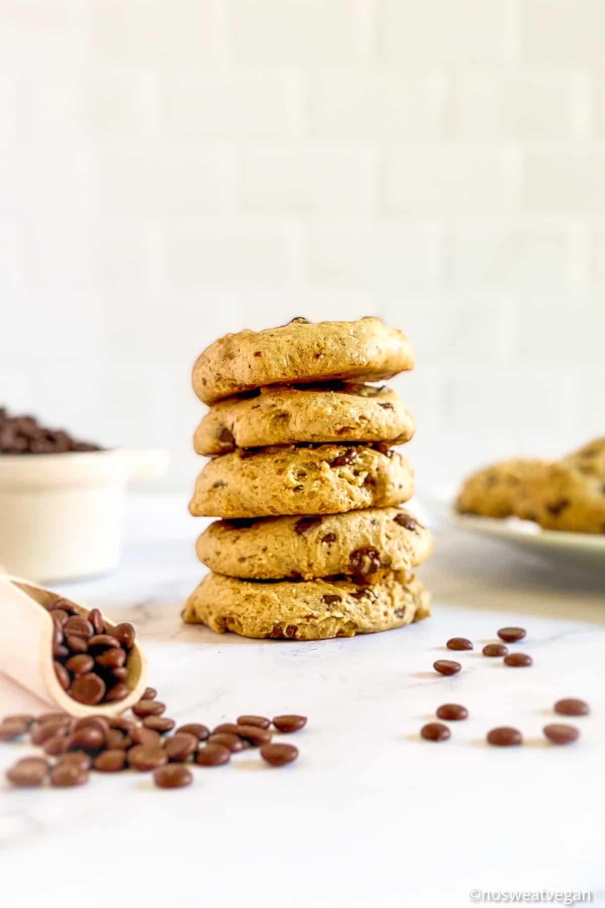 Vegan Chocolate Chip Cookies stacked.