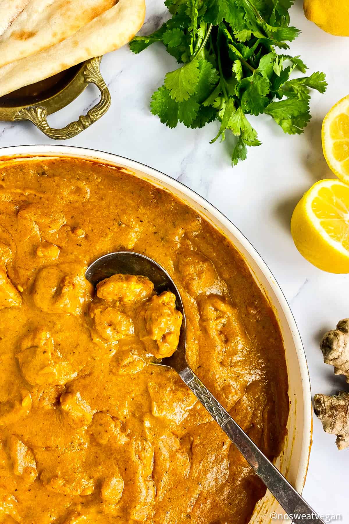 Vegan butter chicken in a skillet.
