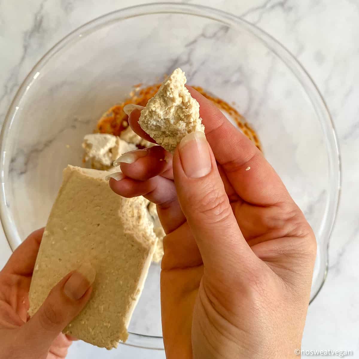Break the tofu into chunks.