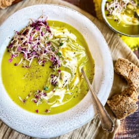 Bowl of vegan leek and potato soup.