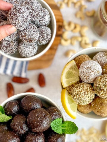 Girl Scout Cookie Inspired Bliss Balls in three bowls: Thin Mint, Lemon, and Samoas.
