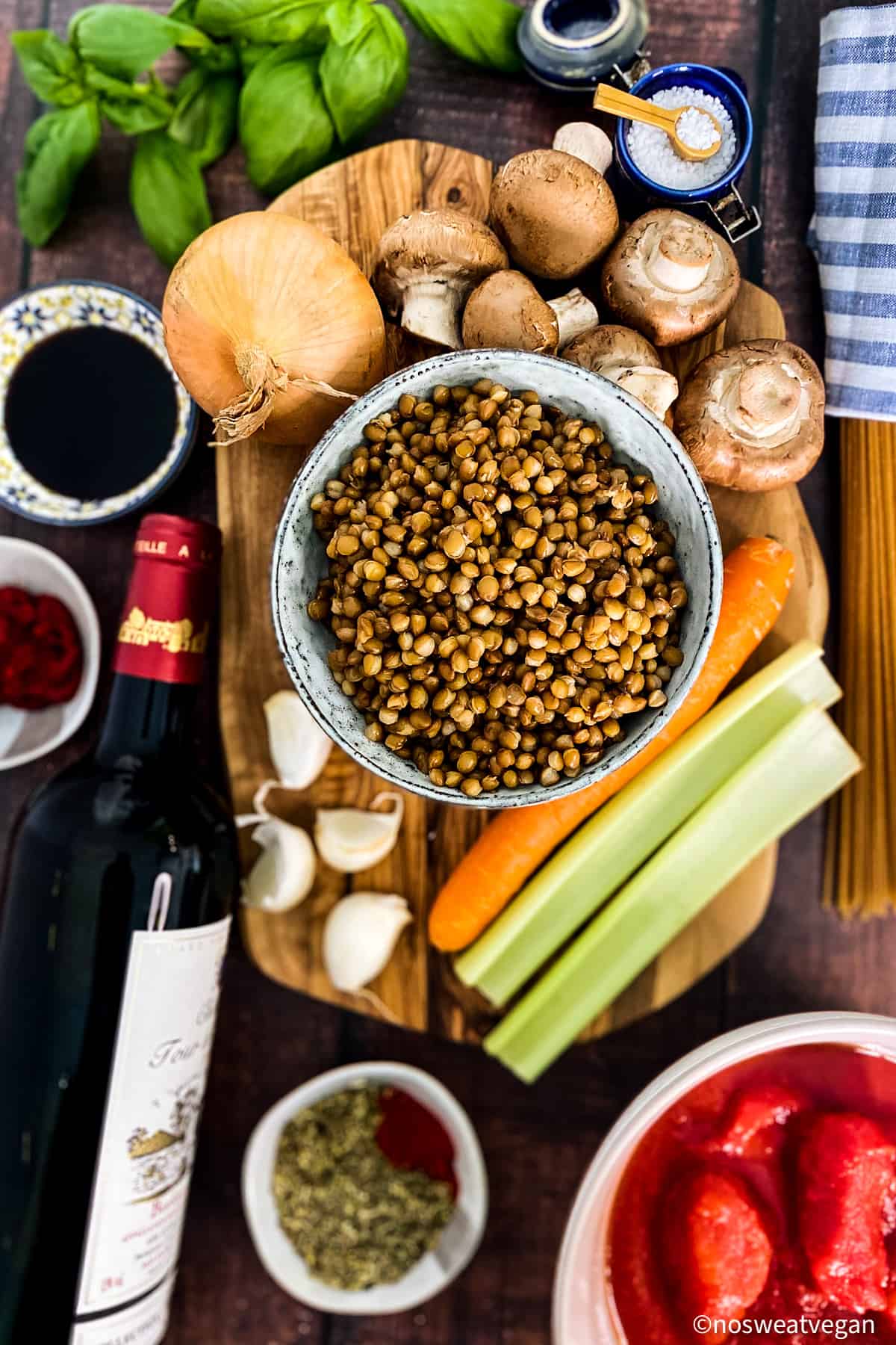 Ingredients for Vegan Bolognese with Lentils.