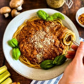 Vegan Spaghetti Bolognese in a bowl.