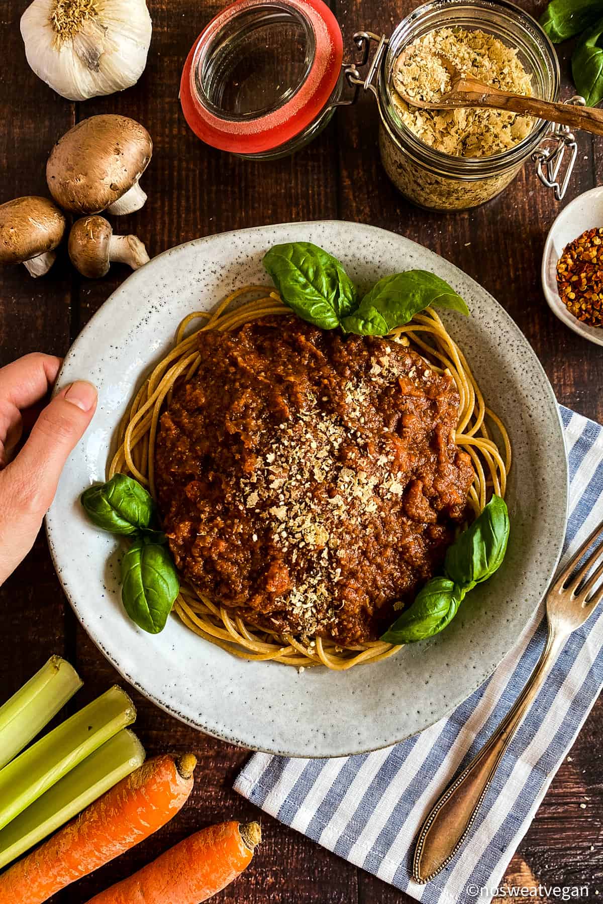 Bowl of Vegan bolognese over spaghetti.
