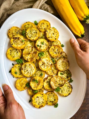 Air fryer squash on a plate.