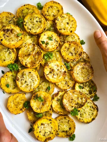 Air fryer squash on plate.