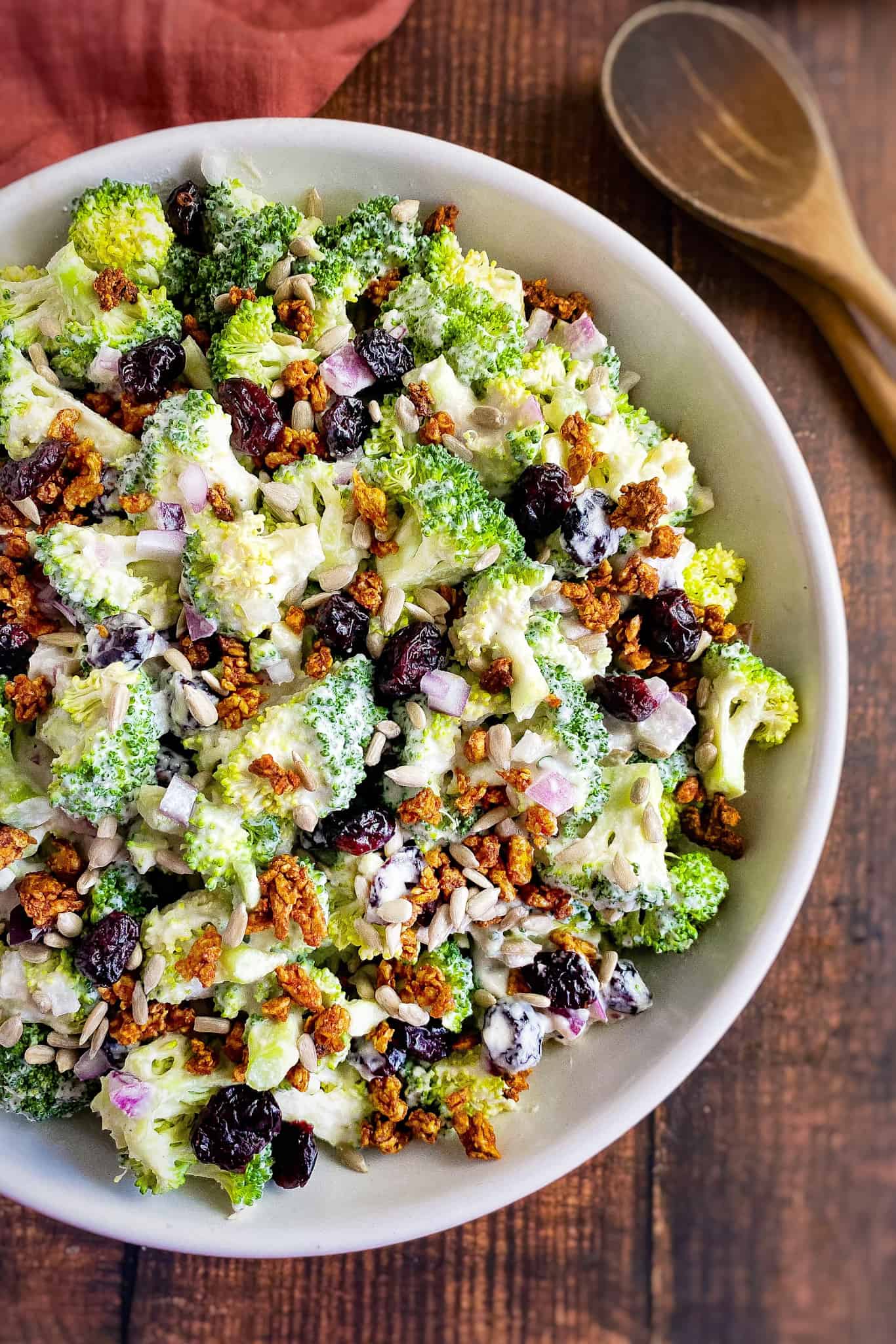 Vegan broccoli salad in bowl.