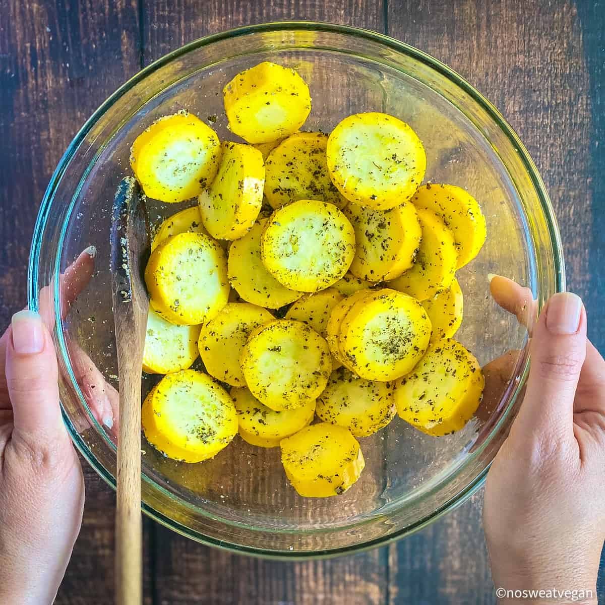 Bowl with seasoned summer squash.