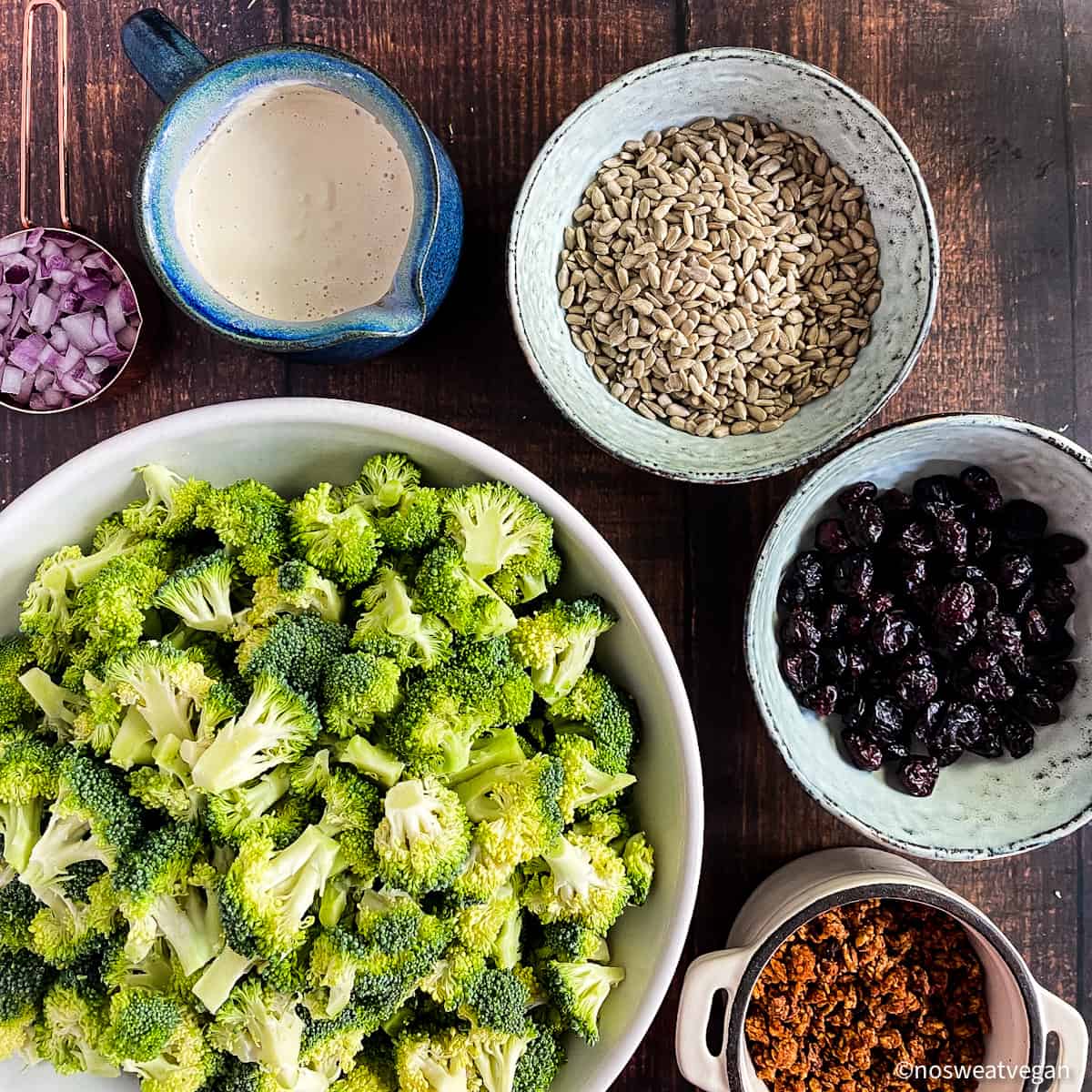Broccoli salad ingredients: broccoli, onions, vegan dressing, sunflower seeds, dried cranberries, vegan bacon bits.