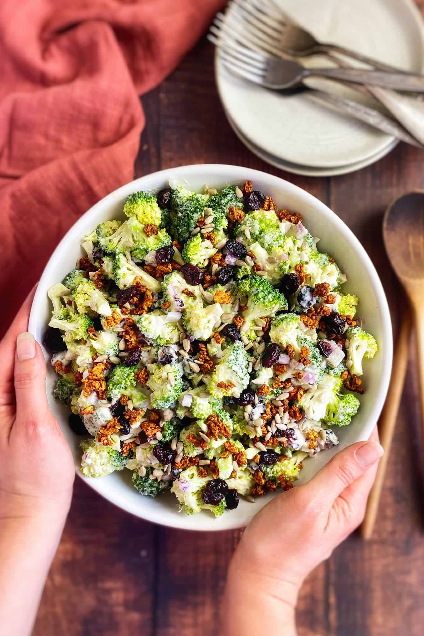 Vegan broccoli salad in bowl.
