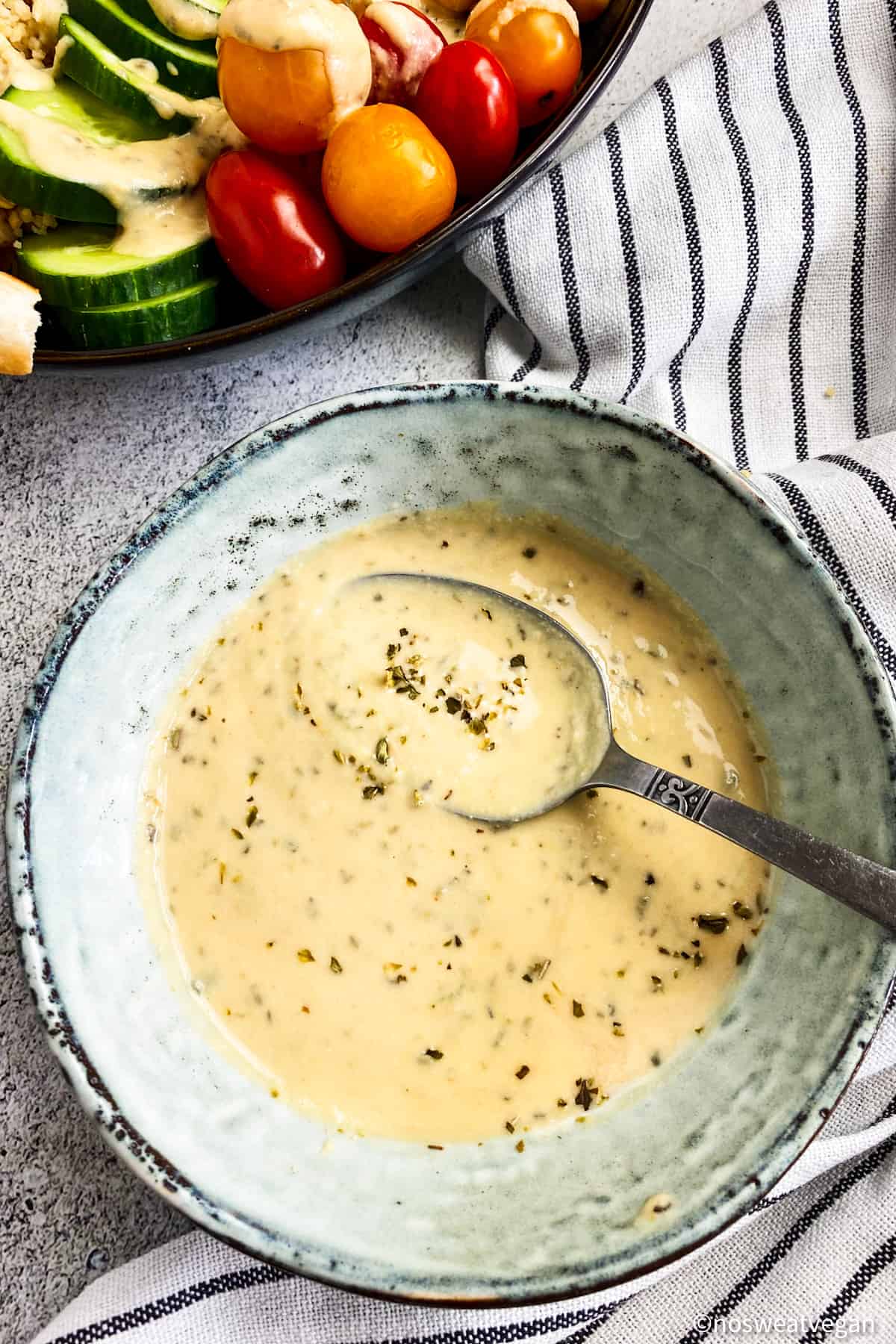 Close up of oil free hummus dressing.