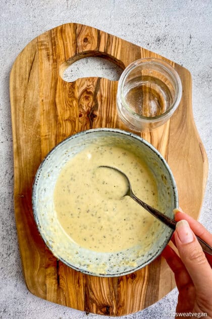 Vegan Greek Dressing mixed in bowl.
