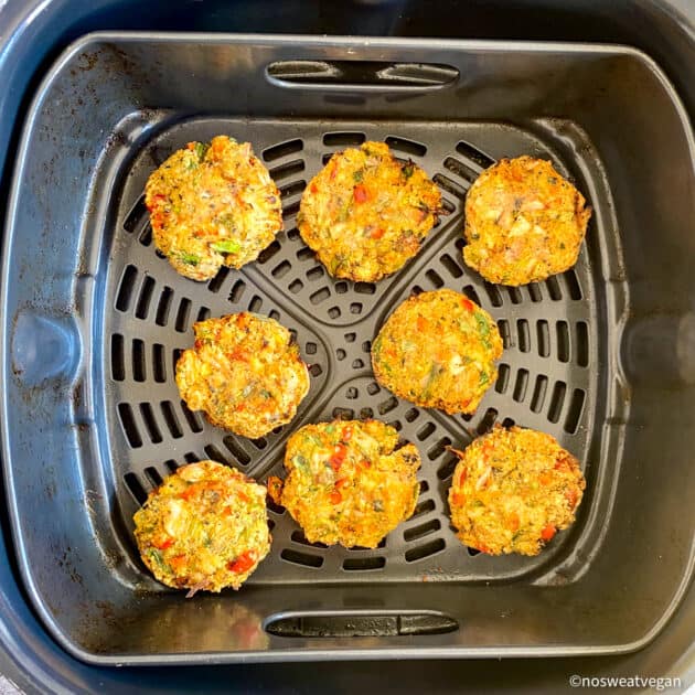 Vegan crab cakes cooked in Air Fryer.
