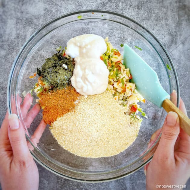 Bowl with vegan crab cake ingredients unmixed.