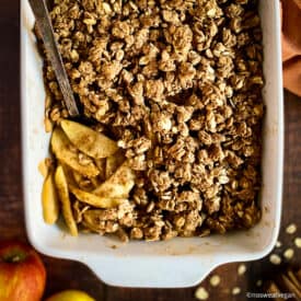 Vegan apple crisp in baking dish.
