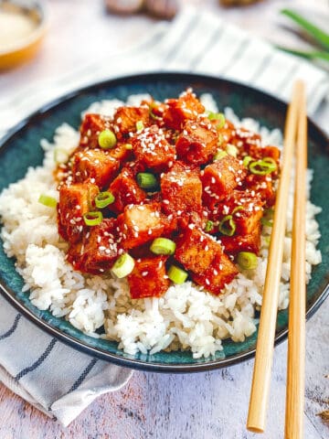 Bowl with closeup of spicy Korean tofu with rice.