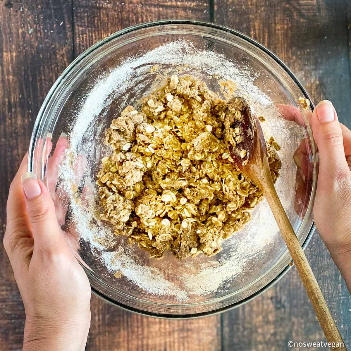 Bowl with crisp topping mixed.