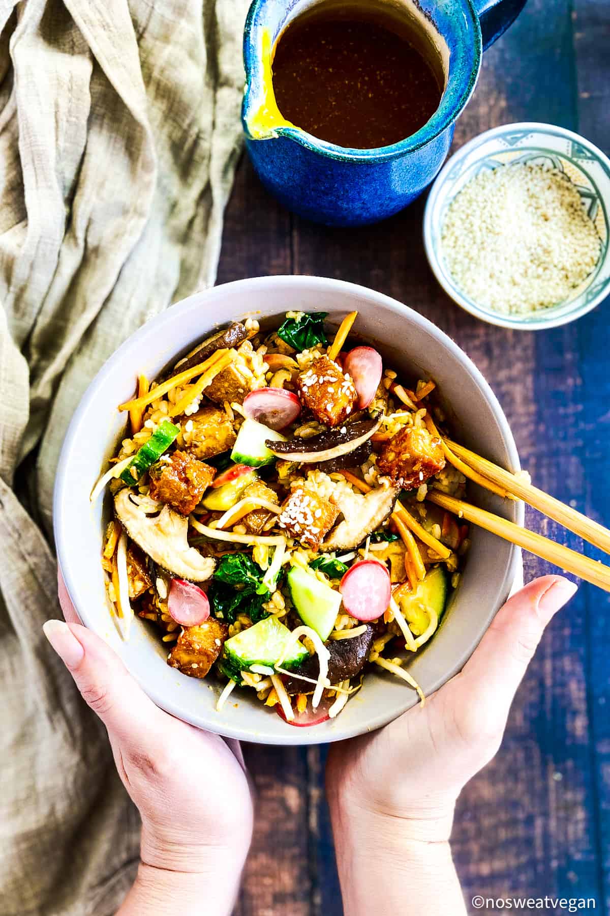 Tofu Bibimbap mixed together in a bowl.