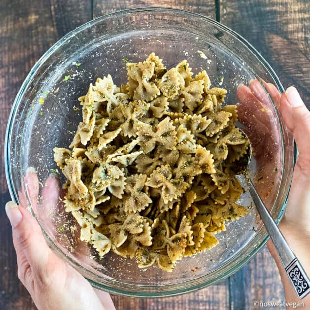 Pasta seasoned with vegan ranch spices.