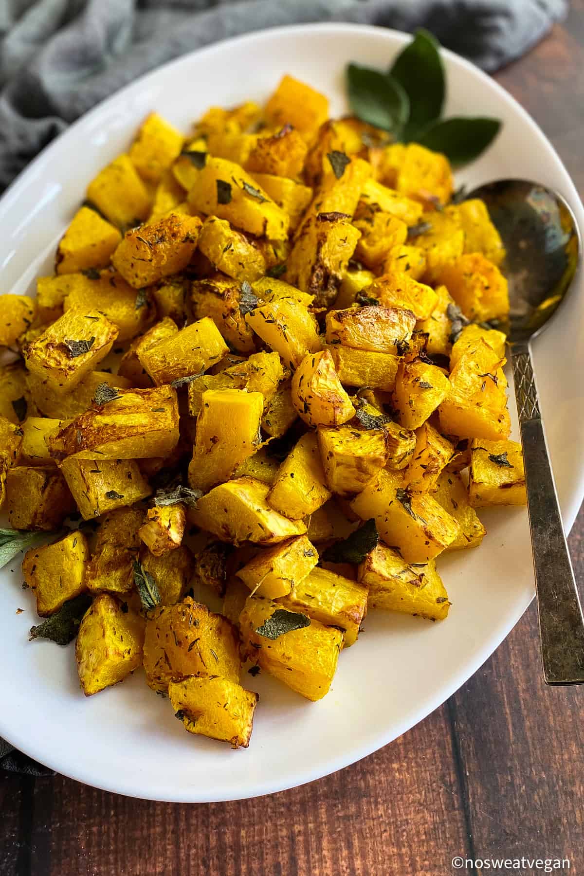 Air Fried Butternut Squash on a plate with sage.