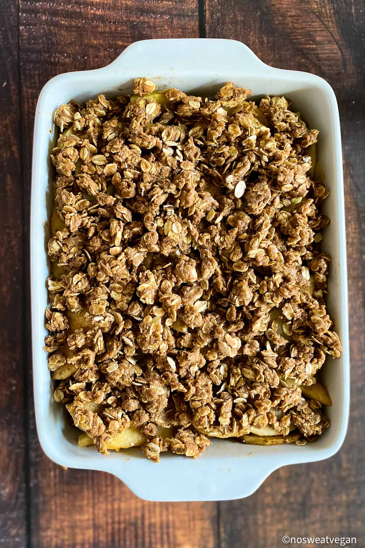 Apple crisp in baking dish.