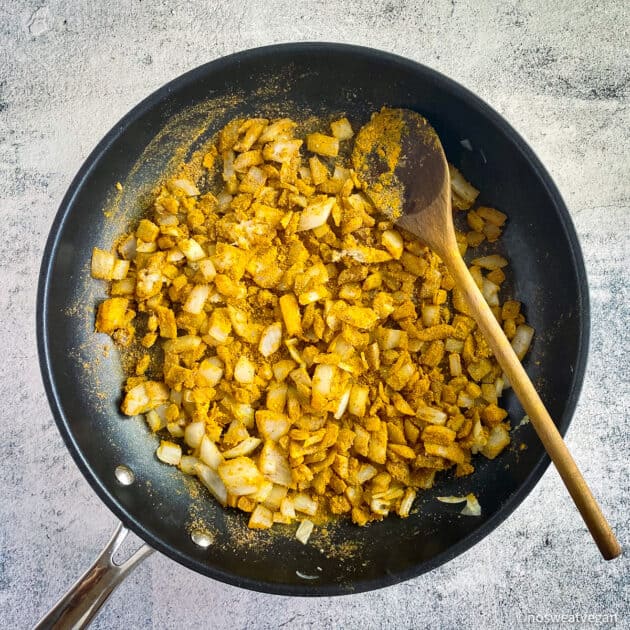 Toast the spices with the onions.