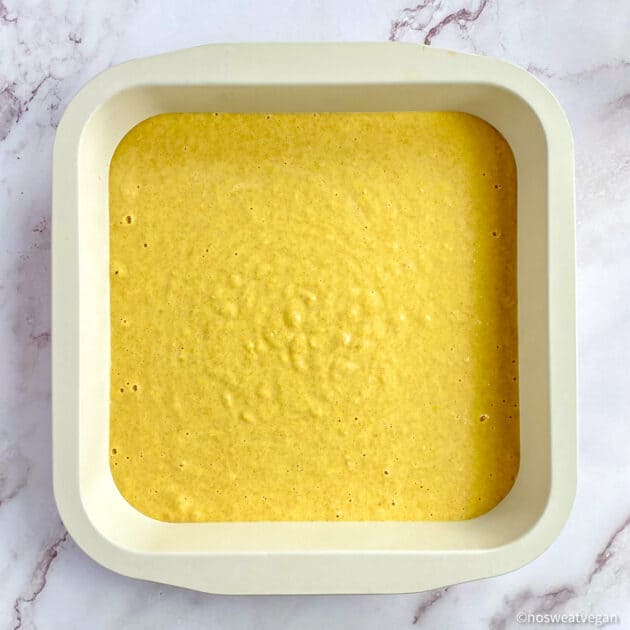 Cornbread batter in baking dish.