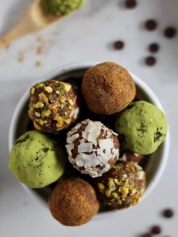 Avocado truffles in a bowl.