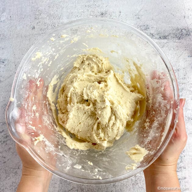 Vegan Christmas cookie dough in bowl.