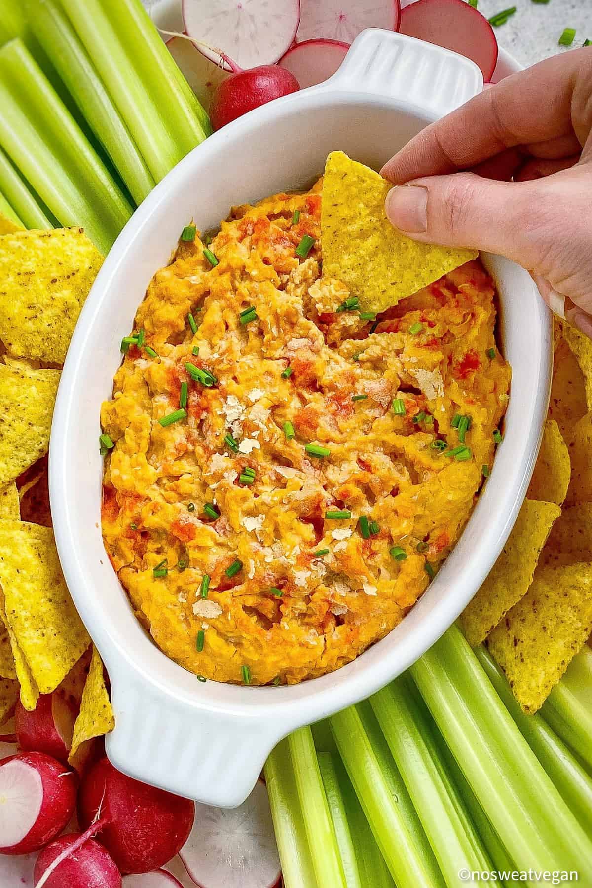 Closeup of hand dipping chip into dip.