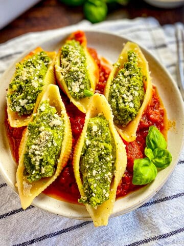Best vegan stuffed shells on a plate.