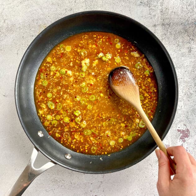 General Tso's sauce in skillet.