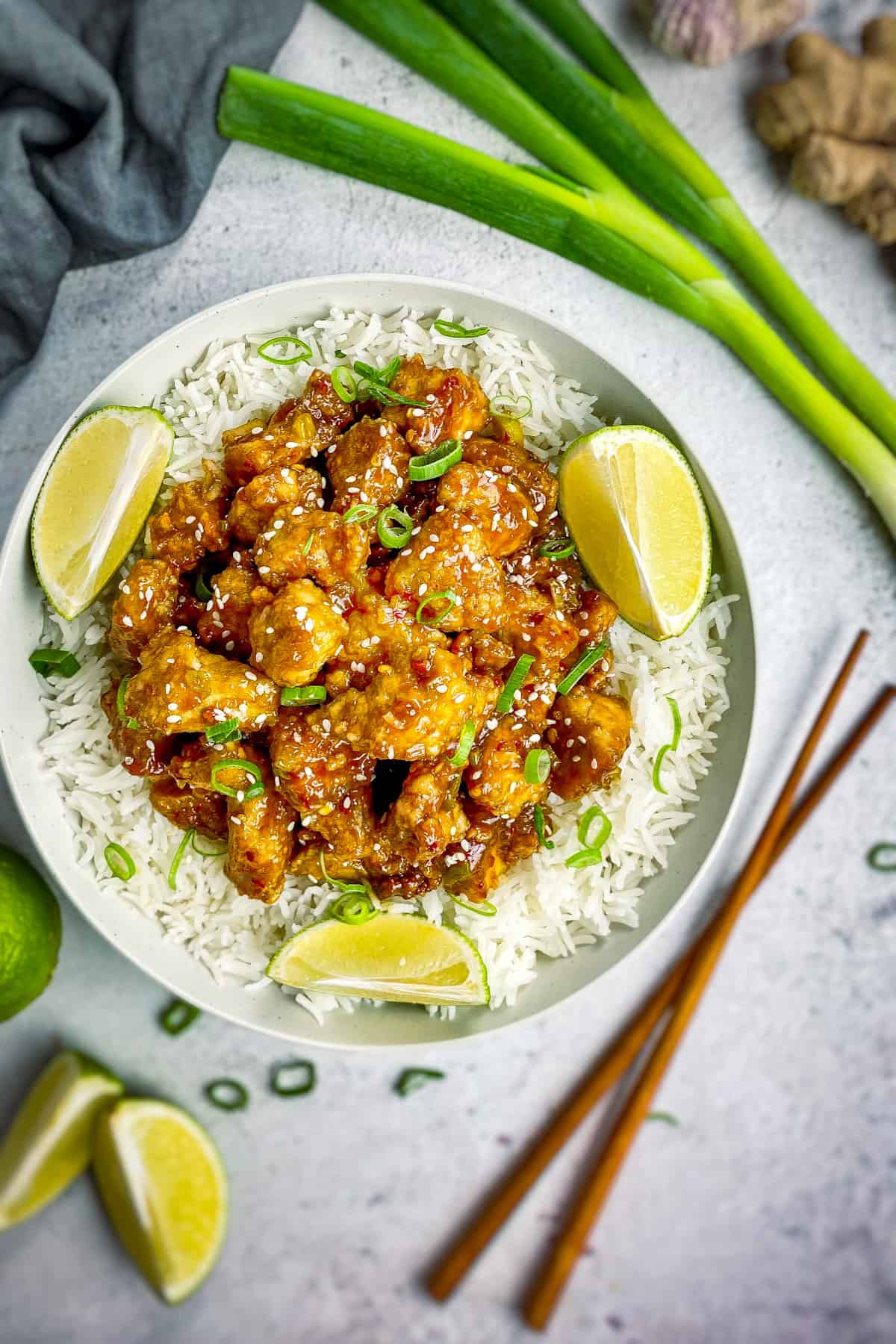 General Tso Tofu in a bowl over rice.