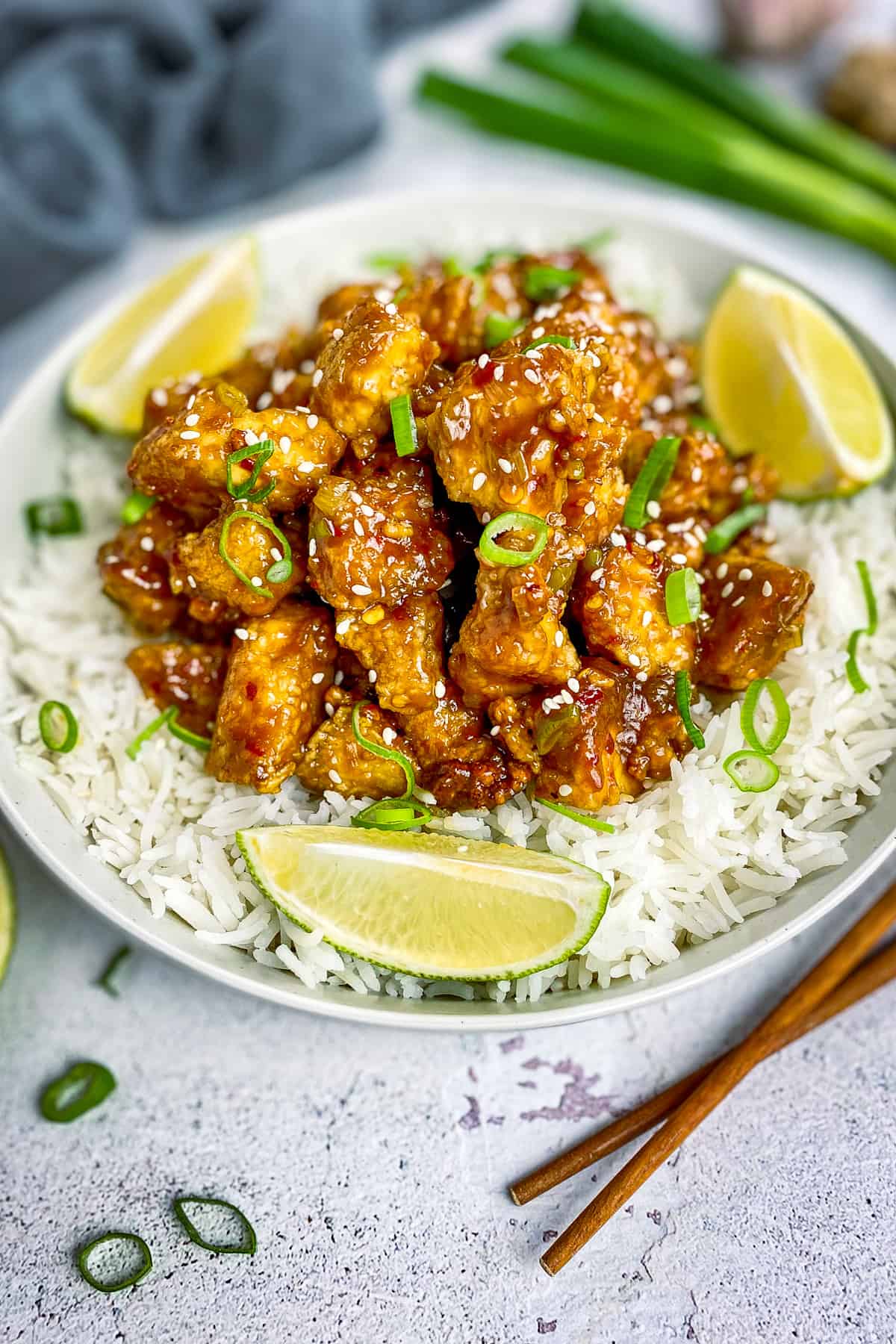 Closeup of General Tso's Tofu in a bowl.