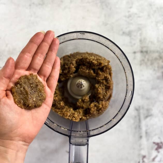 Hand holding a small amount of the vegan tart crust to show texture.