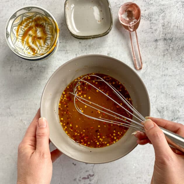Bowl with General Tso sauce.