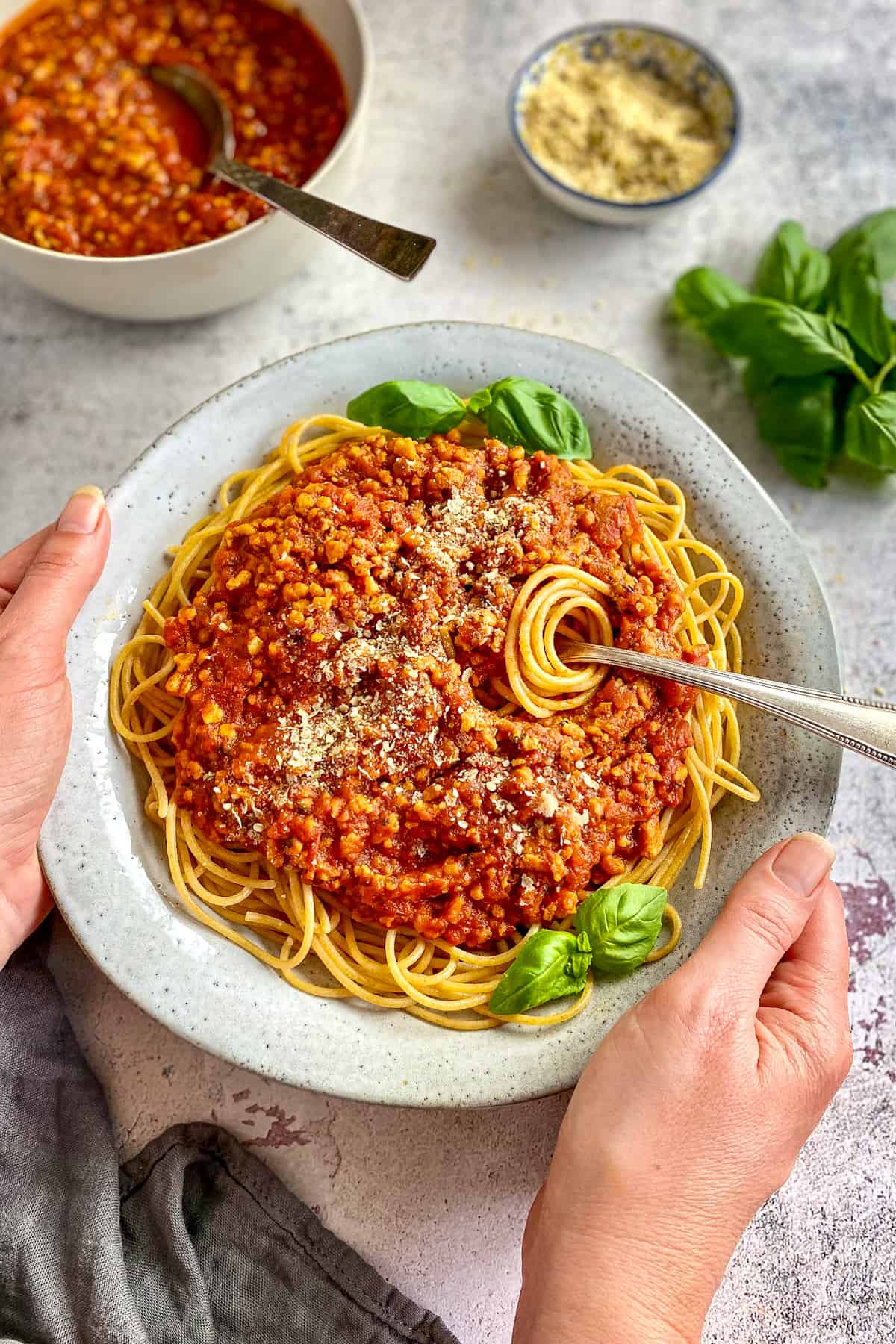 Two hands holding a bowl of vegetarian spaghetti.