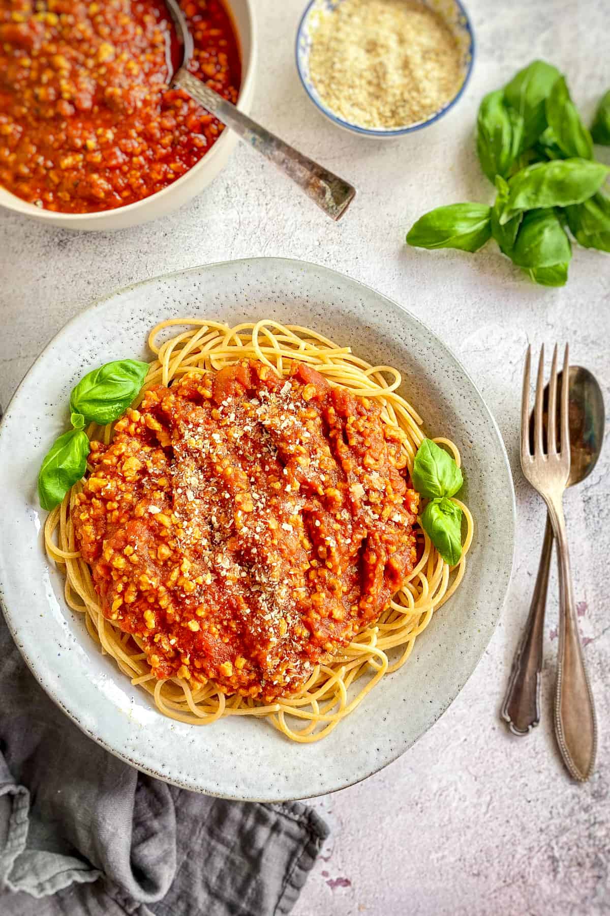 Spaghetti with meaty vegan sauce.