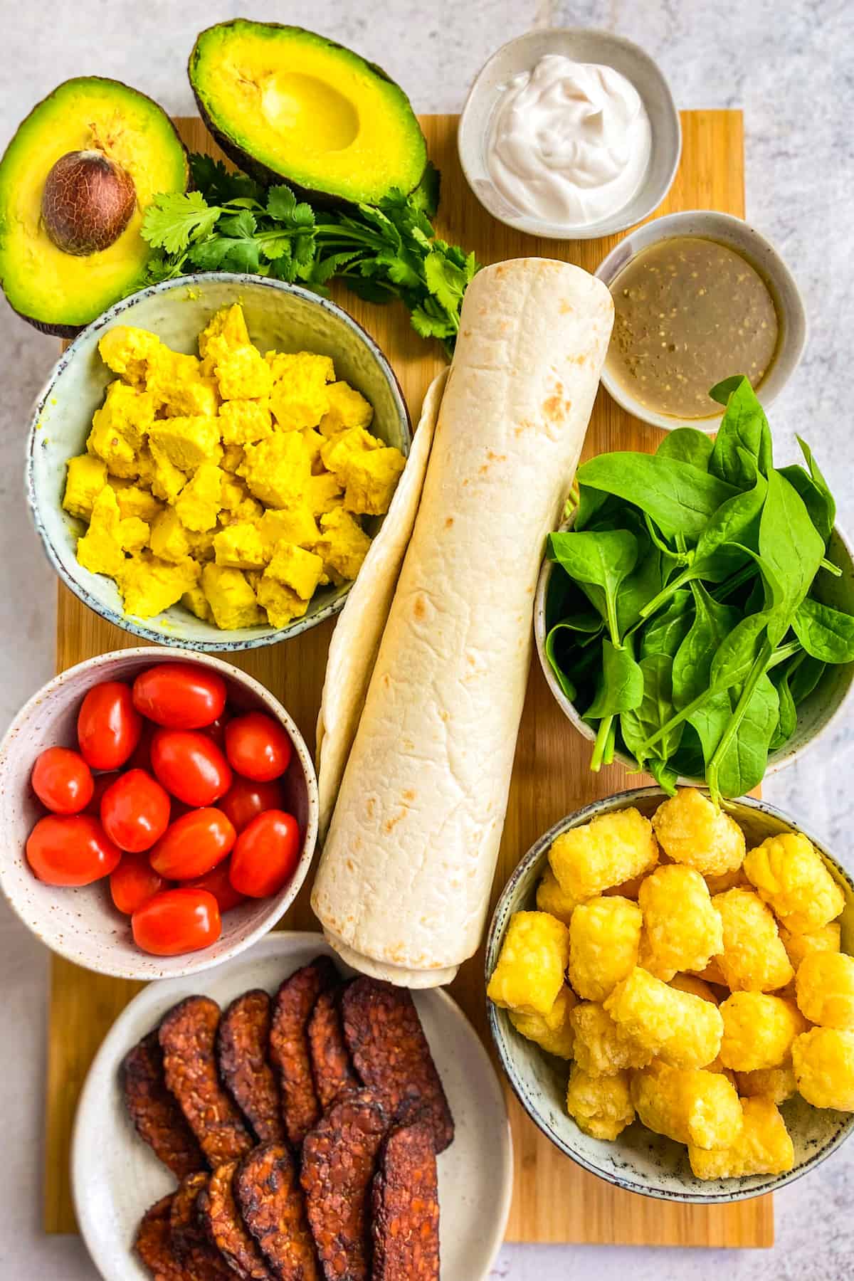 Vegan breakfast burrito ingredients.