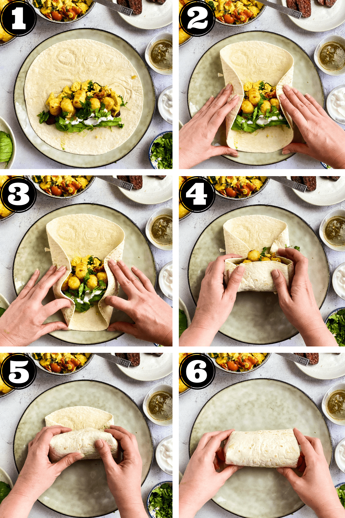 Six photos showing how to roll a vegan breakfast burrito.
