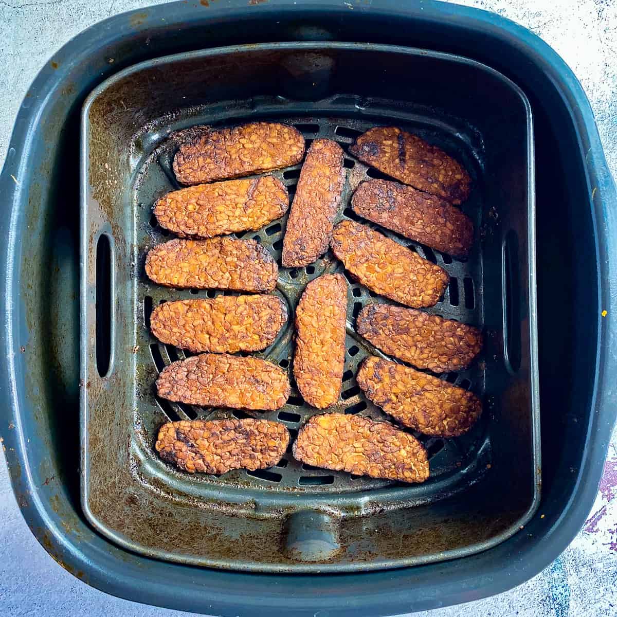 Tempeh bacon cooked in air fryer.