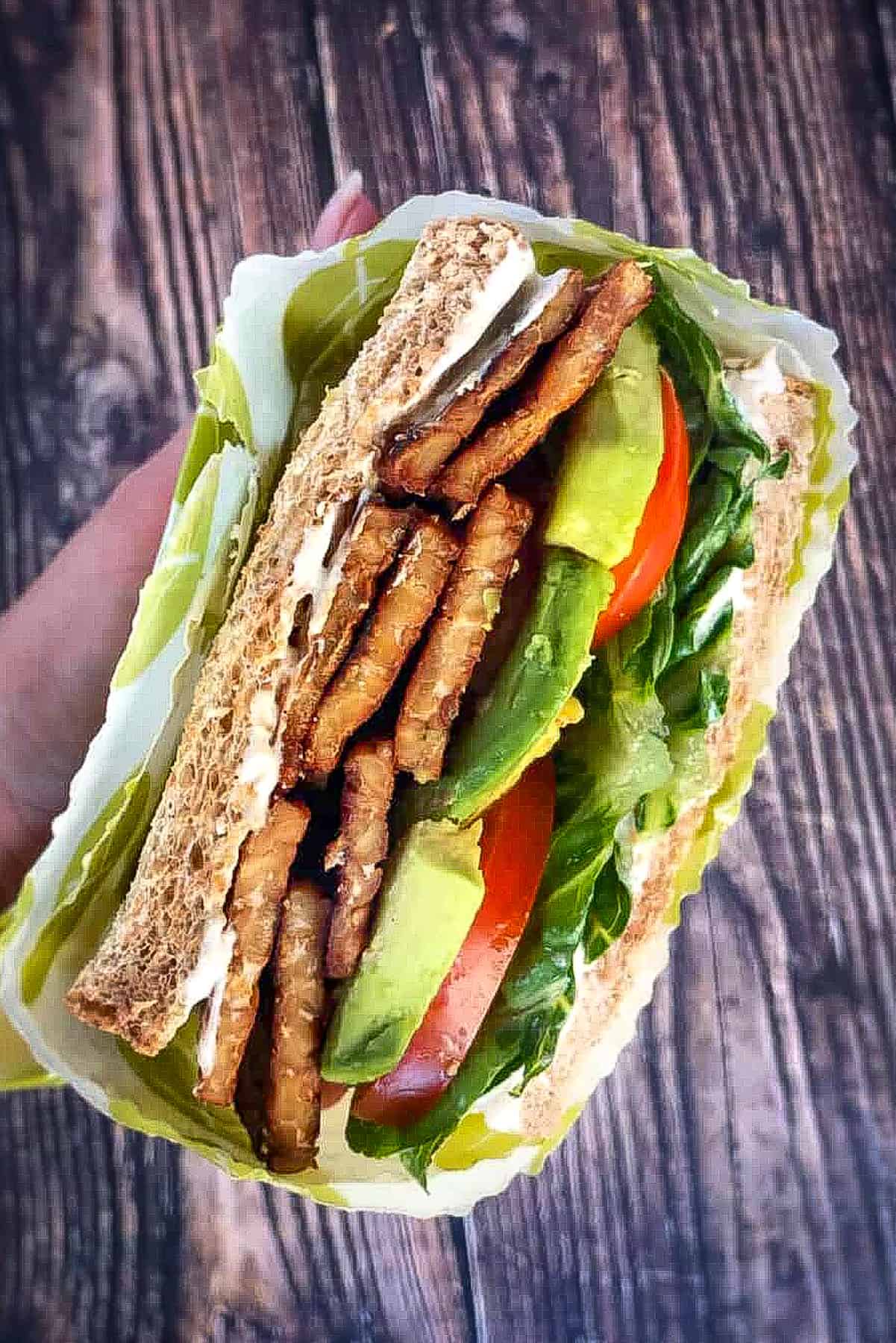 Vegan tempeh BLT sandwich.