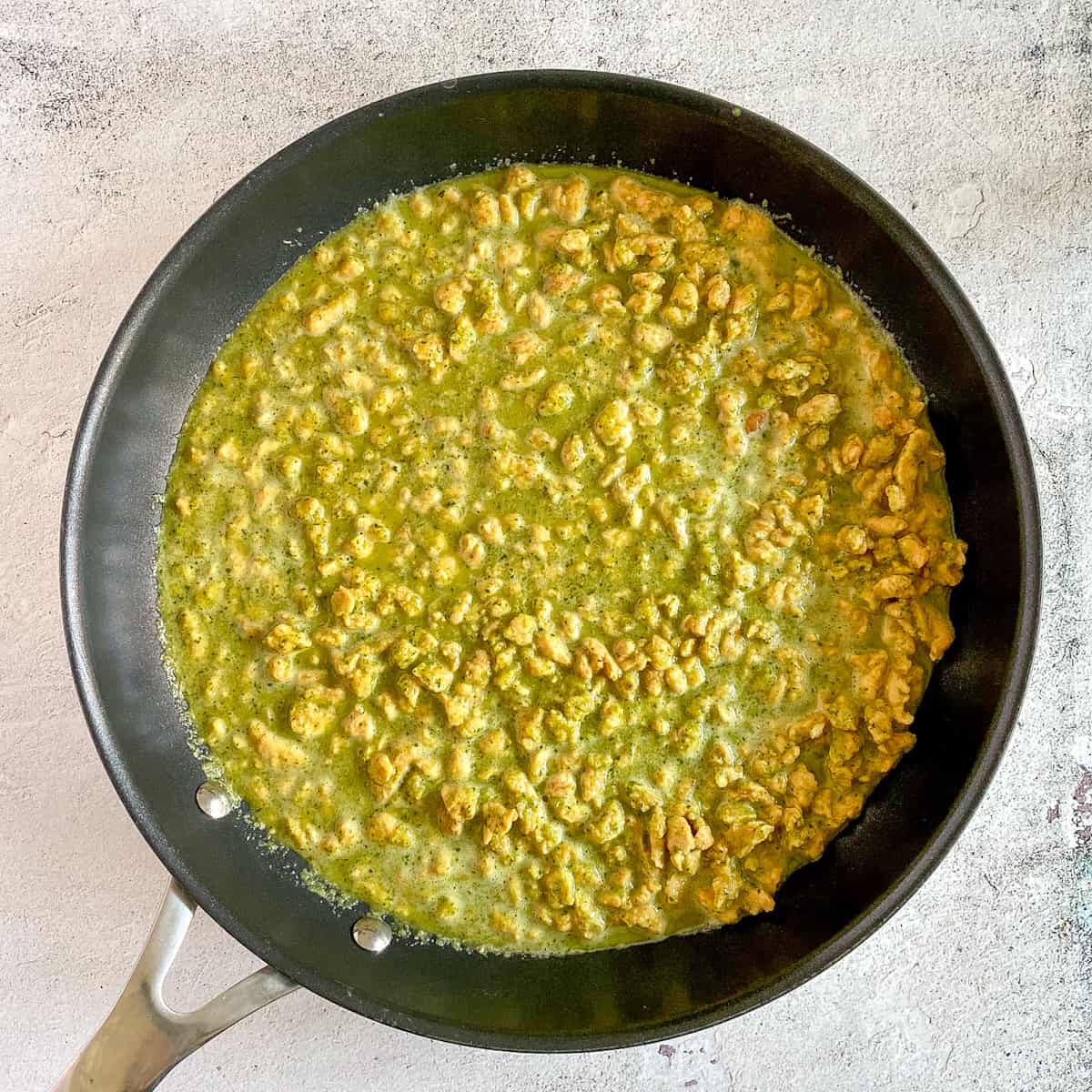 Vegan carne asada in skillet.